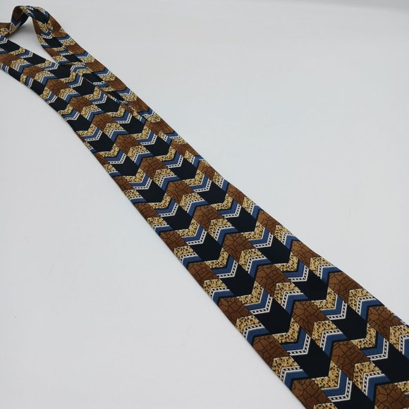 L'Homme 100% Italian Silk Men's Necktie Brown Blue Black Chevron Pattern - Picture 4 of 7